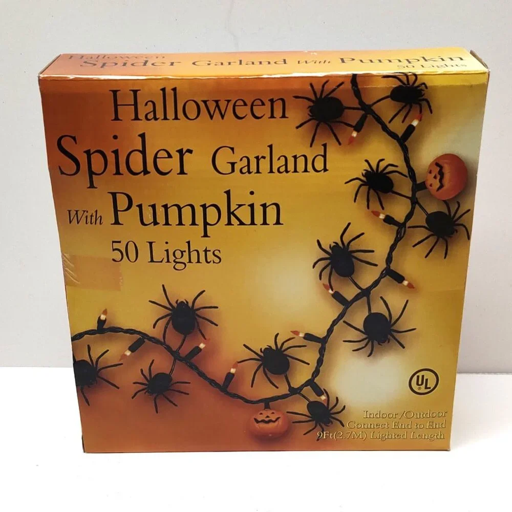 Halloween Spider Garland with Pumpkins - 50 Light Set